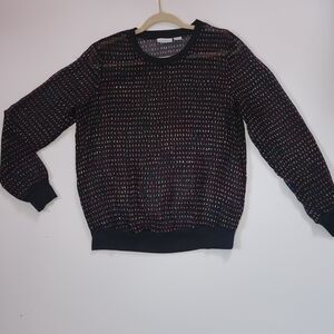 Liz Claiborne black long-sleeve mesh top with a multicolored pattern, Size M Y2K